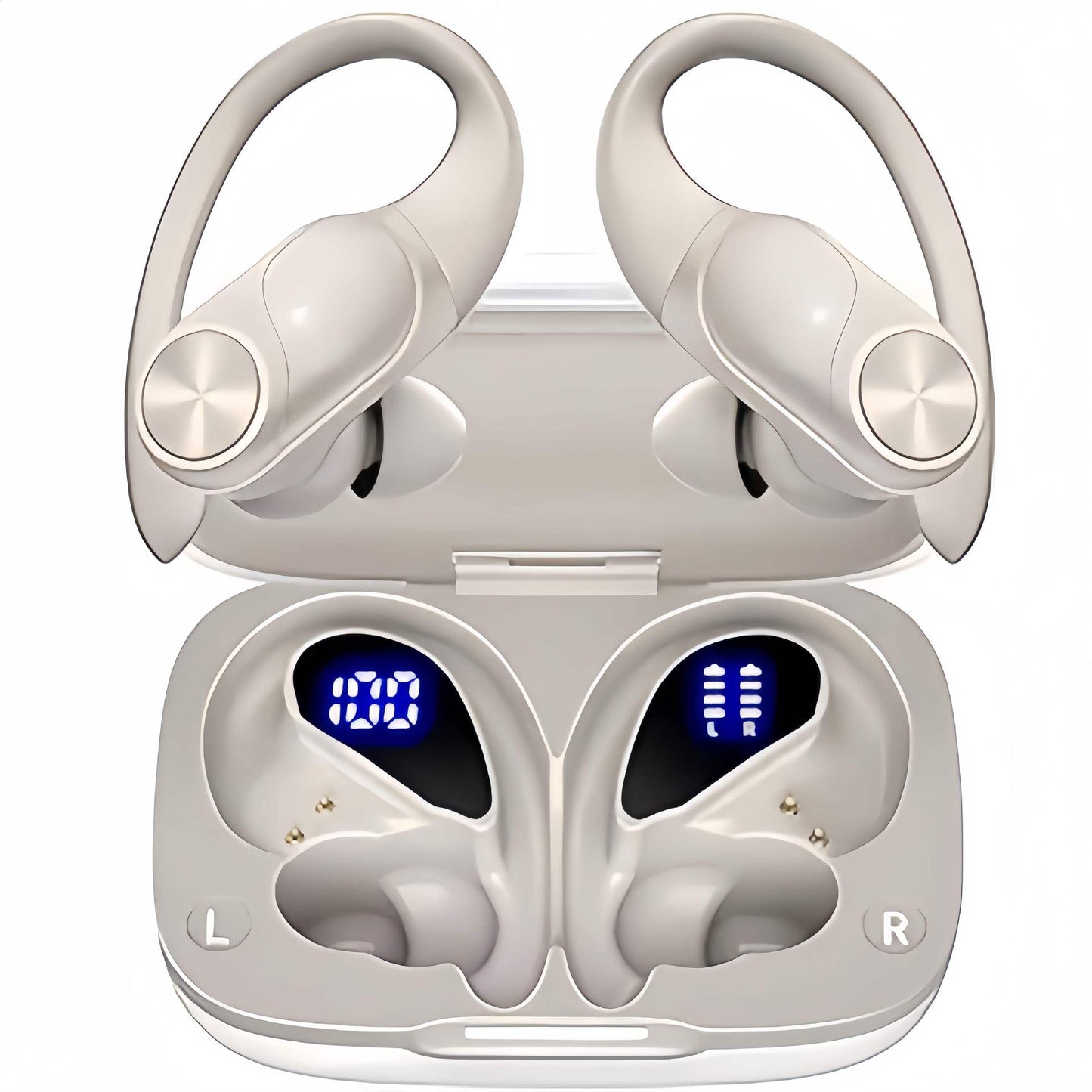 Auriculares Bluetooth deportivos negros con estuche de carga abierto