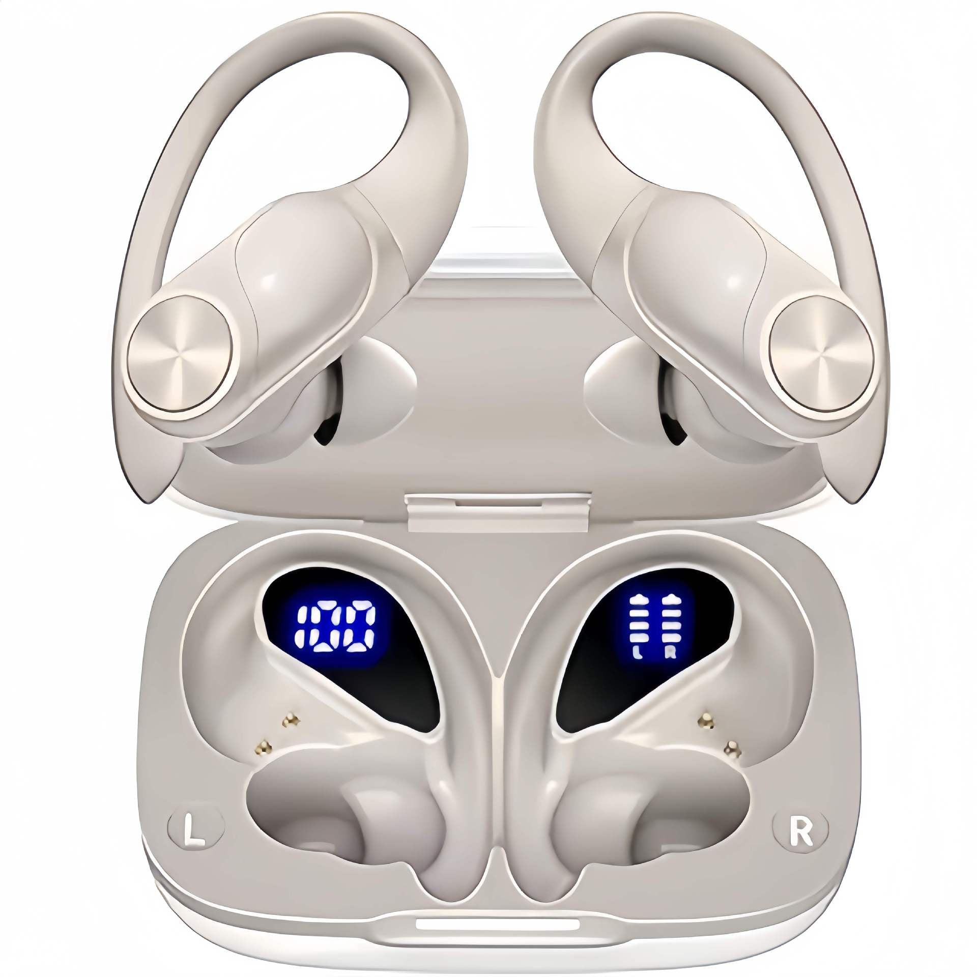 Auriculares Bluetooth deportivos negros con estuche de carga abierto