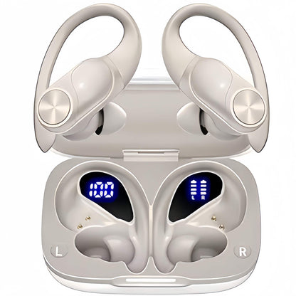 Auriculares Bluetooth deportivos negros con estuche de carga abierto
