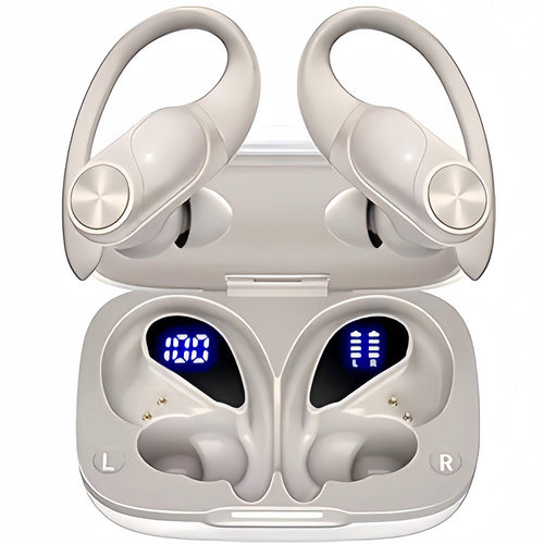Auriculares Bluetooth deportivos negros con estuche de carga abierto