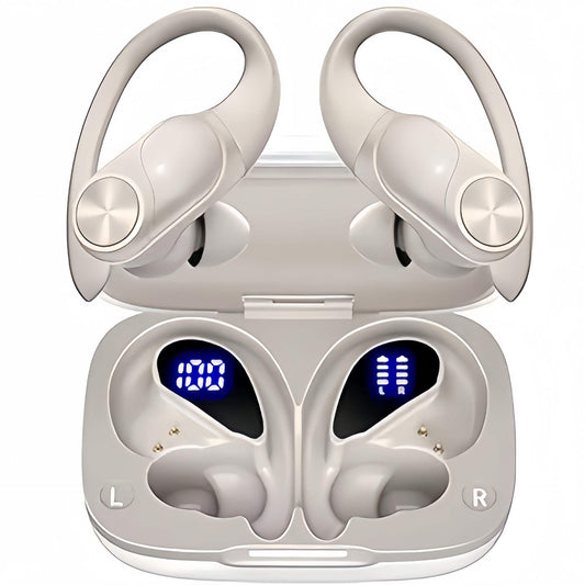 Auriculares Bluetooth deportivos negros con estuche de carga abierto